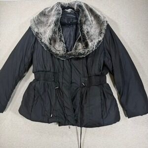 Ashley Stewart Puffer Jacket Women 2X Black Excellent‎ Faux Fur Collar Cinched